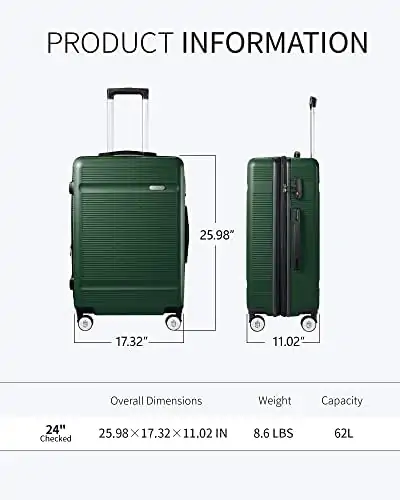 Zitahli Luggage, Expandable Suitcase Checked Luggage, Hardside Luggage with TSA Lock Spinner Wheels YKK zippers, 24in (Dark Green) - Image 8