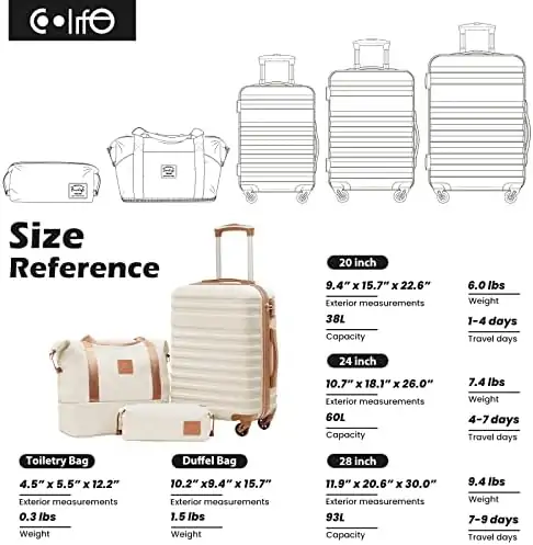 Coolife Suitcase Set 3 Piece Carry On Hardside Luggage with TSA Lock Spinner Wheels (White, S(20in)) - Image 7