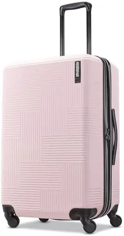 American Tourister Stratum XLT Expandable Hardside Luggage with Spinner Wheels, Pink Blush, Checked-Medium 24-Inch