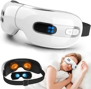 fmlave Smart Eye Massager with Heat, Bluetooth and Compression - Relieve Dry Eyes, Eyestrain and Migraines - Eye Mask Massager for Relaxation, Sleep Improvement - Gift for Men and Wome (White)